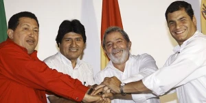 Venezuela's President Chavez, Bolivia's President Morales, Brazil's Lula da Silva and Ecuador's President Correa pose for a picture after a meeting in Manaus